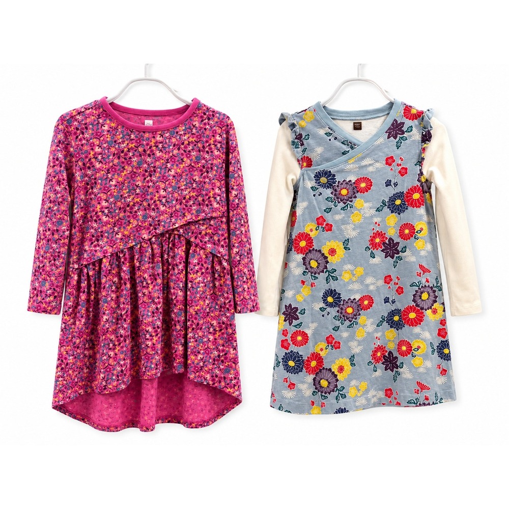 Tea Collection Girls Floral Dress Bundle 2pc Pink Blue Long Sleeve Size 4